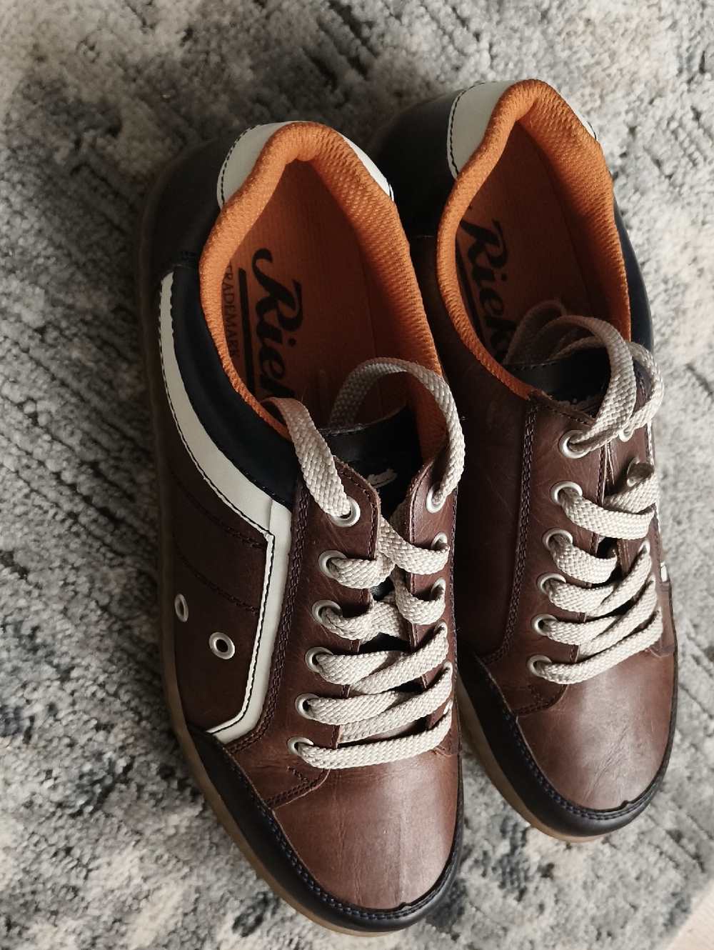 Rieker Brown Leather Sneakers with White Stripe and Orange Lining